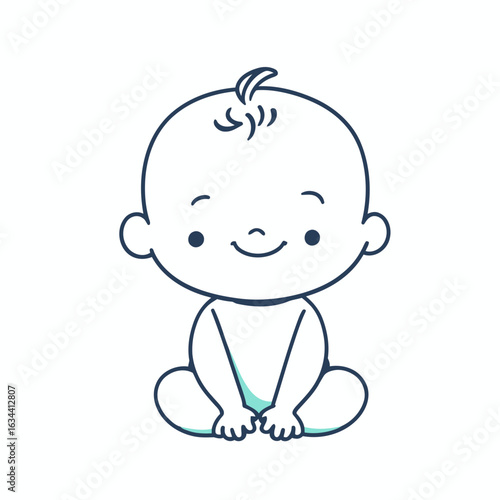 Cute smiling infant girl in a pink diaper, sitting and enjoying a cartoon-style ice cream cone with cheerful fun