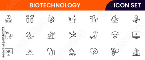 Biotechnology vector line icons featuring DNA strands, microscopes, test tubes, genetic engineering, lab equipment, research, cells, molecules, and scientific innovation.