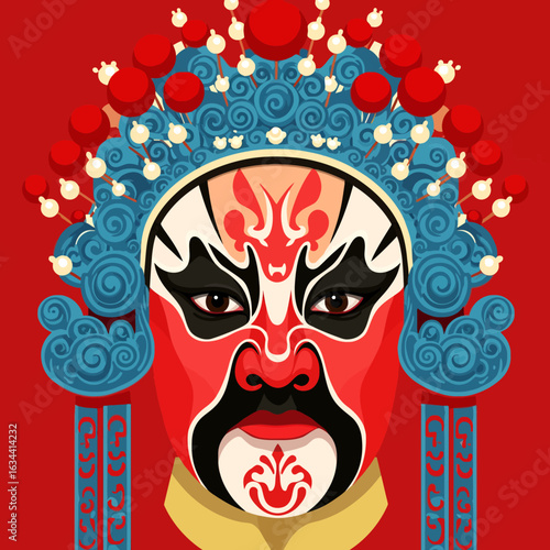 Close-up illustration of a vibrant Chinese opera mask, showcasing intricate designs and bold colors.