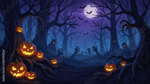 Spooky halloween forest scene with glowing jack o lanterns rising from the ground and creepy figures lurking amongst bare trees under a full moon