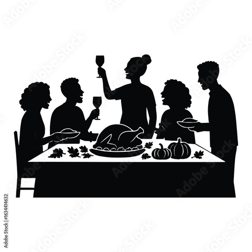 Thanksgiving Family Dinner Silhouette Clipart | Holiday Feast Gathering Vector | Turkey Celebration Black and White Illustration