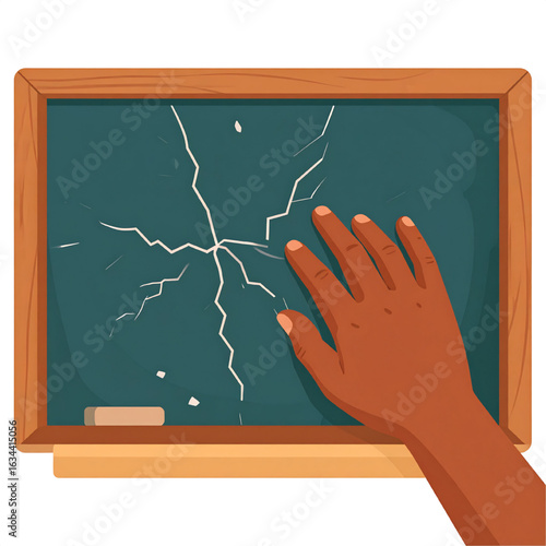 A dark-skinned hand gently touches a cracked, vintage chalkboard.