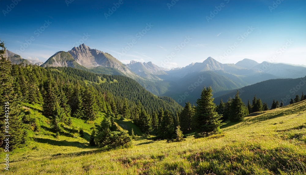 Fototapeta premium peaceful summer mountain ranges surrounded by vibrant forests inviting exploration and camping under clear skies