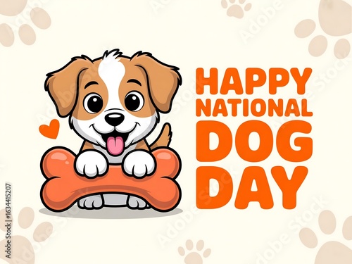 Adorable cartoon puppy celebrates national dog day with a big orange bone and paw print background