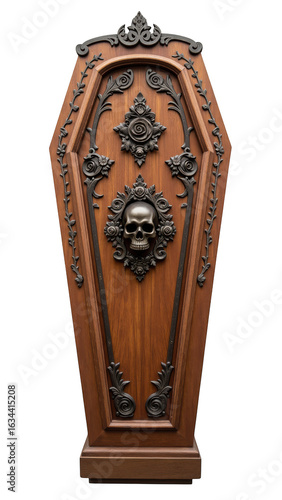 Elegant wooden coffin with intricate black metal detailing, featuring skull and floral designs, evokes gothic and mysterious atmosphere