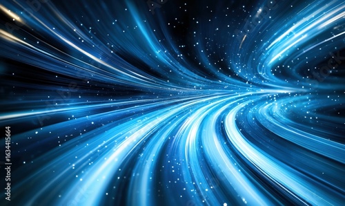 Colorful blue light trails weave through a dark cosmic backdrop, creating a sense of motion and energy in a vast and mysterious space