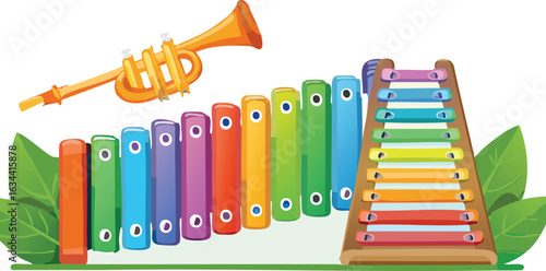 Colorful Music Class Setup with Recorder and Xylophone