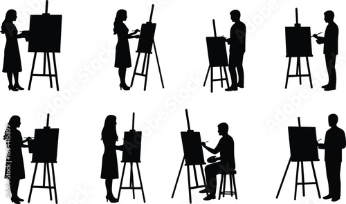 Silhouettes of artists painting on easels, creative people in studio, art workshop scene, diverse postures, artistic expression, teamwork