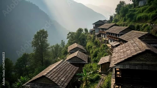 Aerial View of a Traditional Mountain Village with Wooden Houses Green Trees and Distant Mountain Ranges in Nepal with Clear Sky and Soft Sunlight