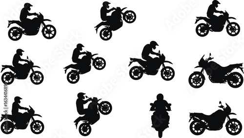 Motorcycle rider silhouettes, wheelie pose, side view, front view, biker action, motorbike dynamics, black vector, isolated, design elements