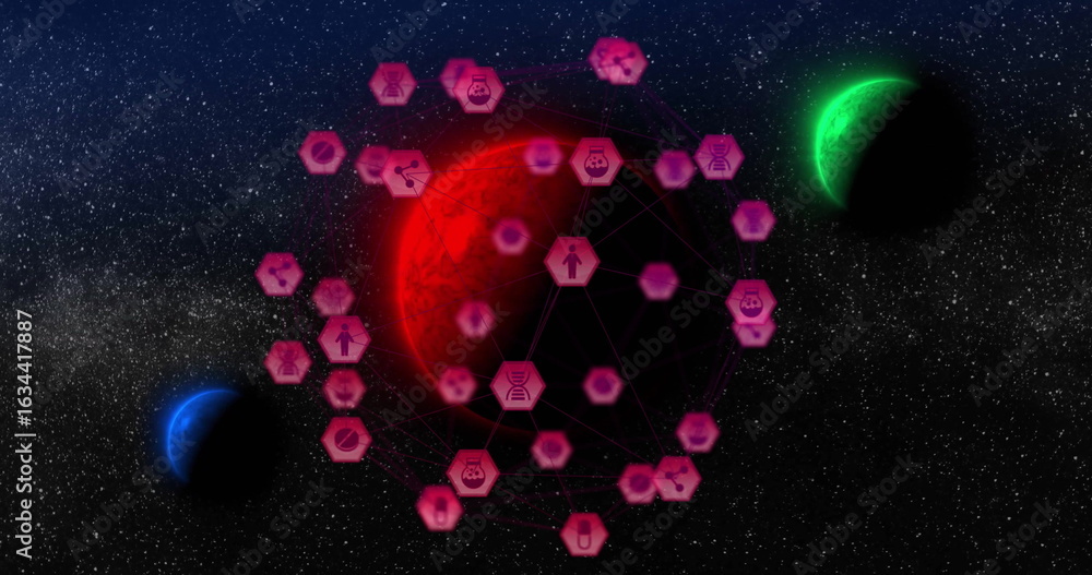 Naklejka premium Floating large red planet displaying pink hexagons with icons in starfield, with green blue planets
