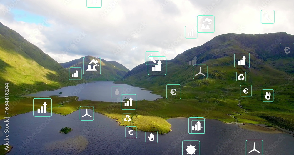 Naklejka premium Reflecting glacial lake shining under sunlight in highland valley, with floating digital icons