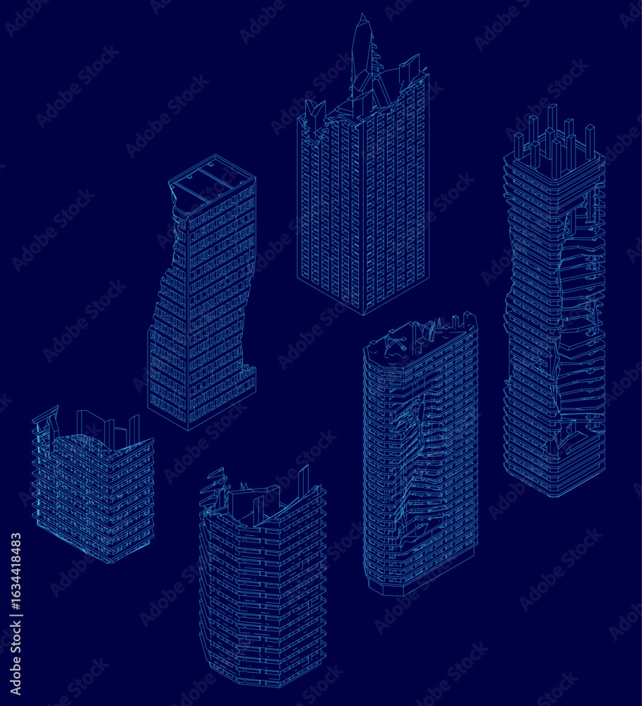 Fototapeta premium Six ruined skyscrapers with unique wireframe designs stand symmetrically against a solid blue background. Each building features distinct shapes and sizes, creating visual contrast.