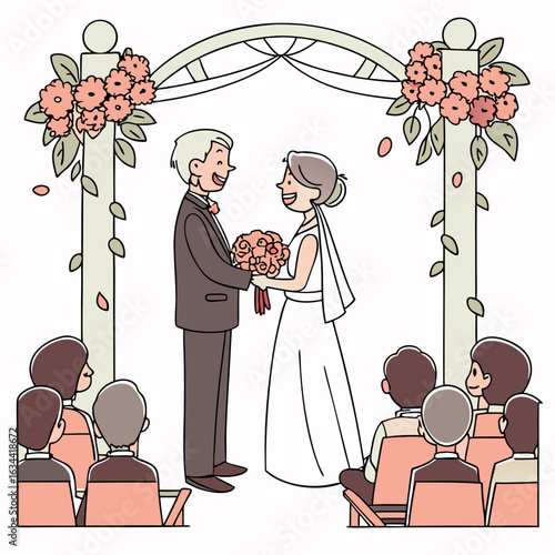 Happy Couple Wedding Ceremony Under Floral Arch