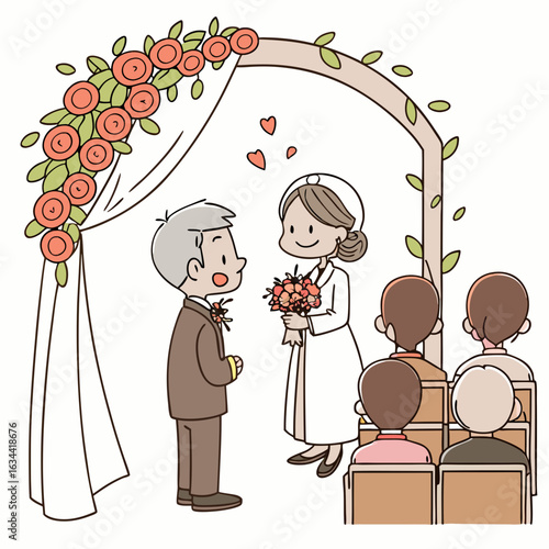 Happy Couple at a Wedding Ceremony under Floral Arch