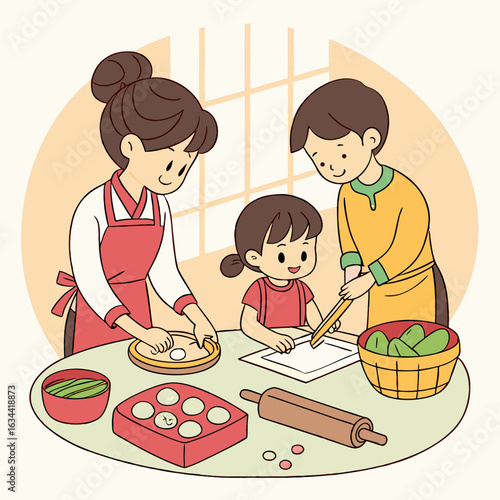 Happy Family Baking Together in Kitchen Illustration