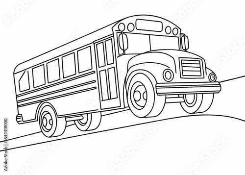School bus outline drawing, front angle, chunky wheels, bold lines only, coloring sheet for toddlers, empty background, no complex elements