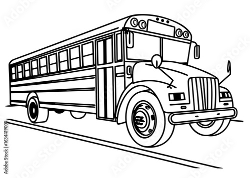 School bus outline drawing, front angle, chunky wheels, bold lines only, coloring sheet for toddlers, empty background, no complex elements