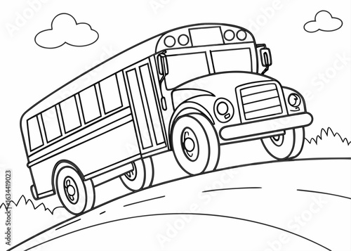School bus outline drawing, front angle, chunky wheels, bold lines only, coloring sheet for toddlers, empty background, no complex elements