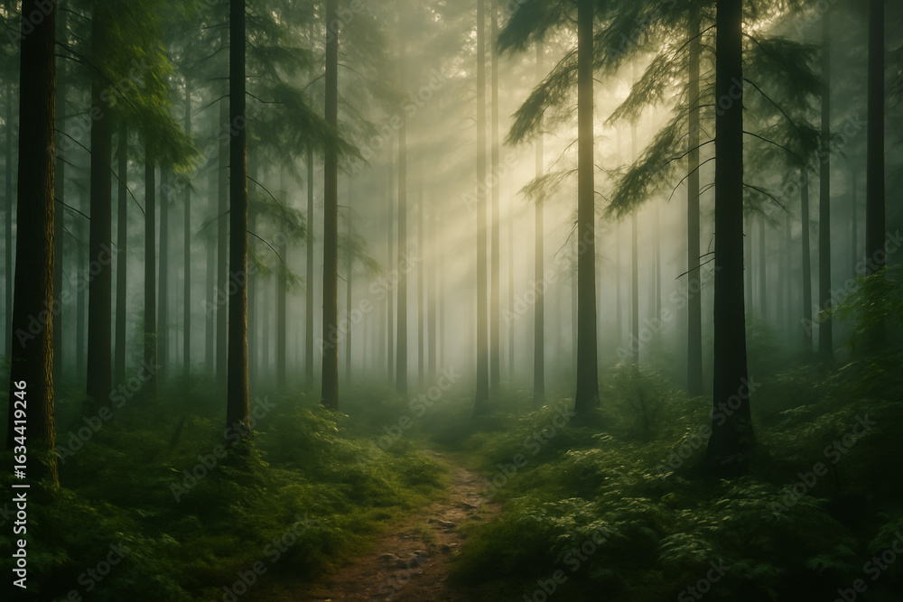 Fototapeta premium Serene forest path illuminated by soft, diffused sunlight beams