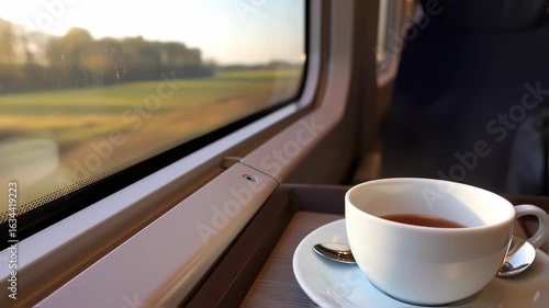 A Serene Journey on a Train with a Steaming Cup of Tea Observing the Golden Fields Outside