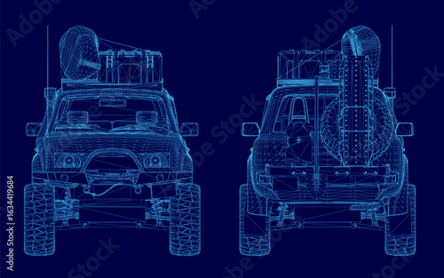 A four-wheel drive off-road vehicle blueprint on a blue background features detailed wireframe design with visible wheels, headlights, and rugged body structure.