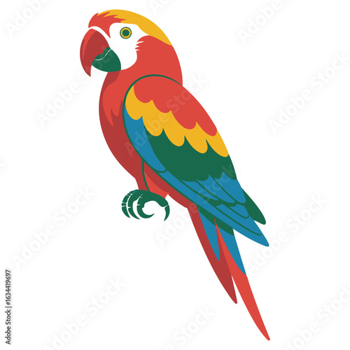 A vibrant, colorful parrot with blue and yellow feathers and a red beak stands isolated on a white background