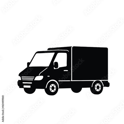 Simple black silhouette of a delivery van. A minimalist truck icon for transport, logistics, and shipping services on an isolated background.
