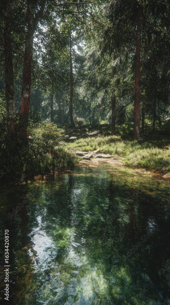 Obraz premium Forest stream sunlight reflection