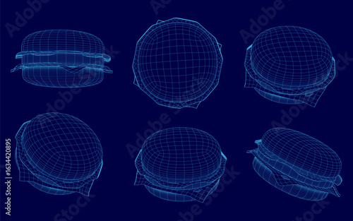 Six hamburgers arranged symmetrically on a blue background, each featuring a detailed 3D wireframe model at the center. The burgers showcase distinct shapes and textures.