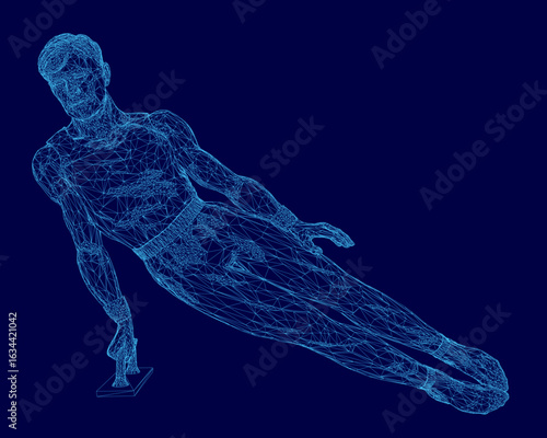 A 3D wireframe gymnast in a dynamic swimming pose stands out against a blue background. The intricate mesh design features realistic shading and detailed anatomical accuracy.