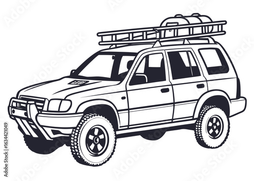 Search and rescue vehicle outline, with roof rack and simple equipment, clean lines, front perspective, coloring book template, white backdrop
