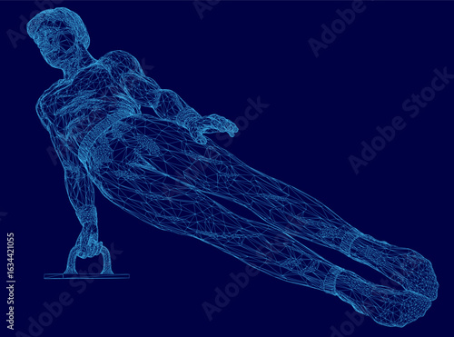 A muscular male gymnast in a wireframe tank top and shorts performs dynamic push-ups in a lunge position on a blue background. His flexed arms and legs showcase strength and agility in this low-poly.