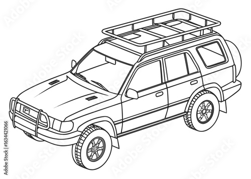 Search and rescue vehicle outline, with roof rack and simple equipment, clean lines, front perspective, coloring book template, white backdrop