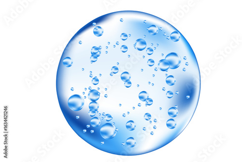 Fluid 3D blue water bubble swatch with flowing molecule structure, microscope close up, fluid collagen serum droplet isolated, transparent background, cosmetology, beauty science,