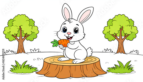 Happy bunny eating carrot with tree stump.
