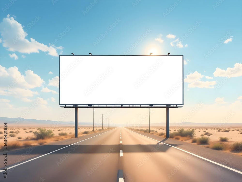 Obraz premium Desert landscape with blank billboard against blue sky