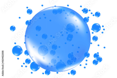 Fluid 3D blue water bubble swatch with flowing molecule structure, microscope close up, fluid collagen serum droplet isolated, transparent background, cosmetology, beauty science,