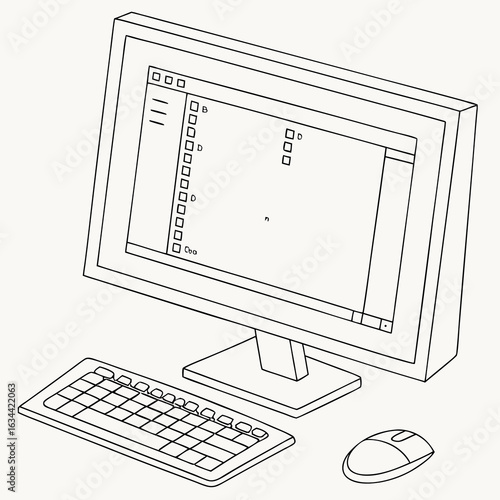 Isometric Line Drawing of a Desktop Computer