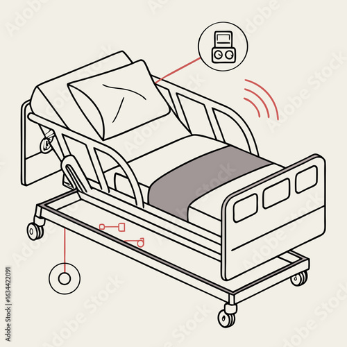 Isometric Line Drawing of an Adjustable Hospital Bed with Control Panel