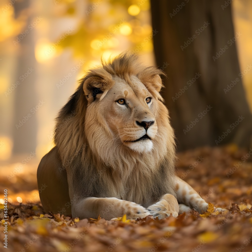 Fototapeta premium Lion lies beneath golden leaves, mane glowing in forest’s warm light.