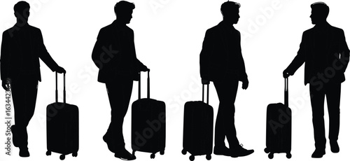Silhouettes of business travelers with suitcases, formal attire, walking motion, travel concept, commuting scene, corporate journey, luggage movement