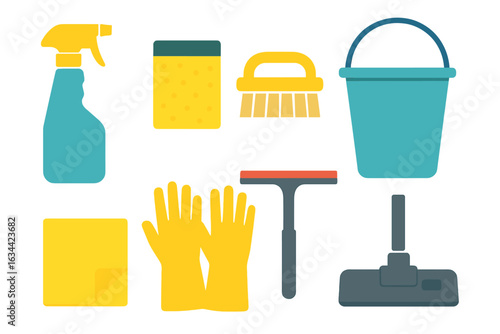 Cleaning supplies layout featuring brushes, spray bottle, gloves, and bucket for efficient housekeeping tasks