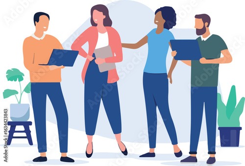 Office team of people - Teamwork between group of four casual smiling businesspeople working in IT holding laptop computers and being friends. Flat design vector illustration with white background
