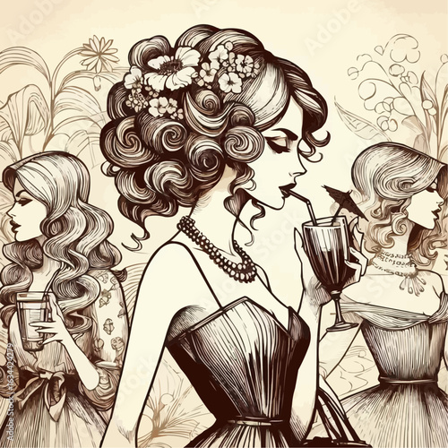 Elegant women enjoying cocktails in glamorous dresses, showcasing vintage style and sophistication
