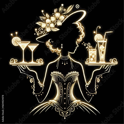 Elegant woman in a corset holding two trays of colorful cocktails on a black background
