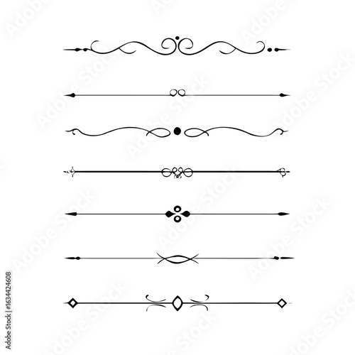Hand drawn calligraphic dividers. Swirl victorian borders. Vector isolated royal decor separators. Classic wedding invitation calligraphic lines.	