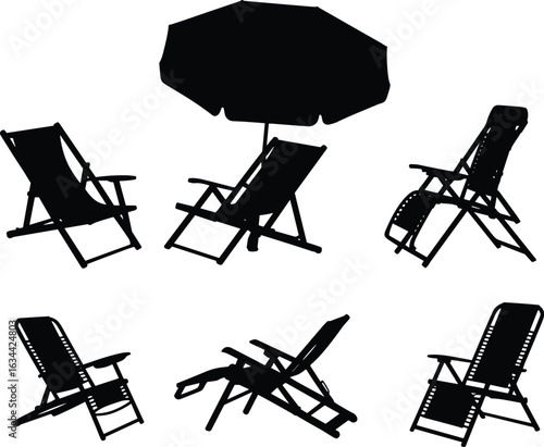 Outdoor chair silhouettes, beach umbrella set, folding reclining seating, summer relaxation icons, black vector clipart, vacation furniture bundle