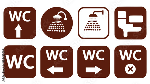 Bathroom and WC icon set, restroom, shower, and toilet signs, brown square symbols for public facilities and directions, transparent png and vector illustration.