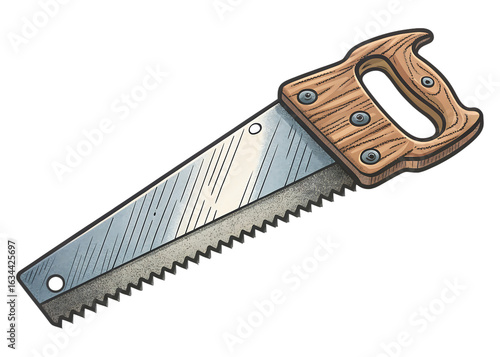 Vintage hand saw with wooden handle and metal blade on a black background